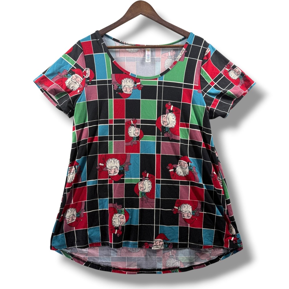 LuLaRoe Irma Tunic Top Womens Large Santa Claus Holiday Grid Print High Low Hem